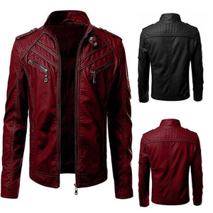 Chic Men's Casual Stand Collar Swine Leather Zip-Up Motorcycle Bomber Jacket