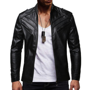 Chic Men's Casual Stand Collar Swine Leather Zip-Up Motorcycle Bomber Jacket