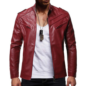 Chic Men's Casual Stand Collar Swine Leather Zip-Up Motorcycle Bomber Jacket