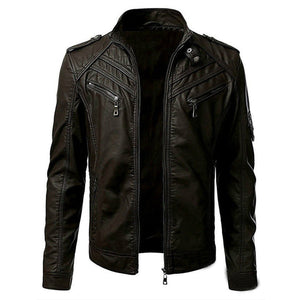 Chic Men's Casual Stand Collar Swine Leather Zip-Up Motorcycle Bomber Jacket