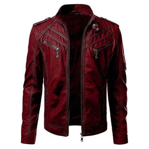 Chic Men's Casual Stand Collar Swine Leather Zip-Up Motorcycle Bomber Jacket