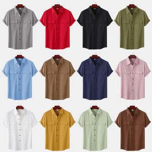 Men's solid colour casual cotton linen short sleeve shirt