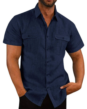 Men's Solid Color Short-Sleeved Linen Buttons Shirt