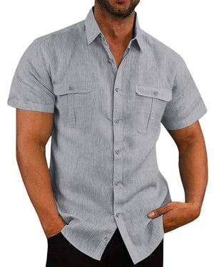 Men's Solid Color Short-Sleeved Linen Buttons Shirt