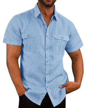 Men's Solid Color Short-Sleeved Linen Buttons Shirt