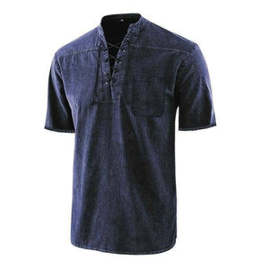 Men's Retro T-shirt Pocket Tie V-neck Denim T-Shirt Loose Top