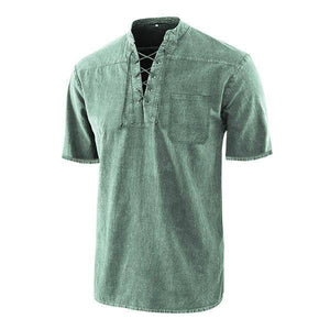 Men's Retro T-shirt Pocket Tie V-neck Denim T-Shirt Loose Top