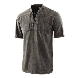 Men's Retro T-shirt Pocket Tie V-neck Denim T-Shirt Loose Top