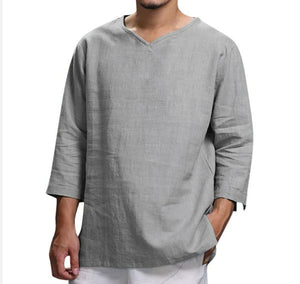 Men's Long-sleeved V-neck Linen Loose Shirt