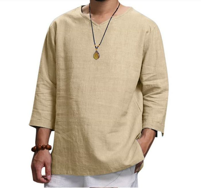 Men's Long-sleeved V-neck Linen Loose Shirt