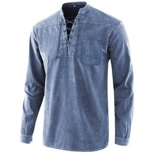 Men's Retro T-shirt Pocket Tie V-neck Denim T-Shirt Loose Top