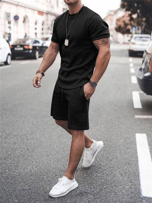 Mens Casual Pure Color Comfy Short Sleeve T-Shirts+Shorts