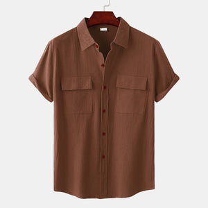 Men's solid colour casual cotton linen short sleeve shirt