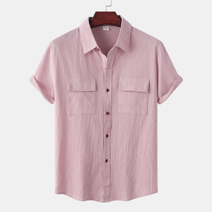 Men's solid colour casual cotton linen short sleeve shirt