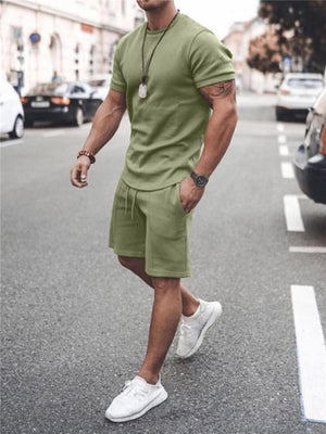 Mens Casual Pure Color Comfy Short Sleeve T-Shirts+Shorts