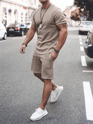 Mens Casual Pure Color Comfy Short Sleeve T-Shirts+Shorts