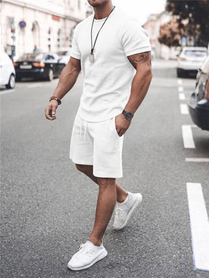 Mens Casual Pure Color Comfy Short Sleeve T-Shirts+Shorts